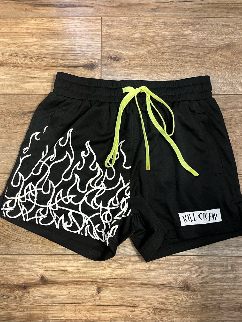 Kill Crew Men’s Black Flame Print Athletic Shorts with Neon Drawstring